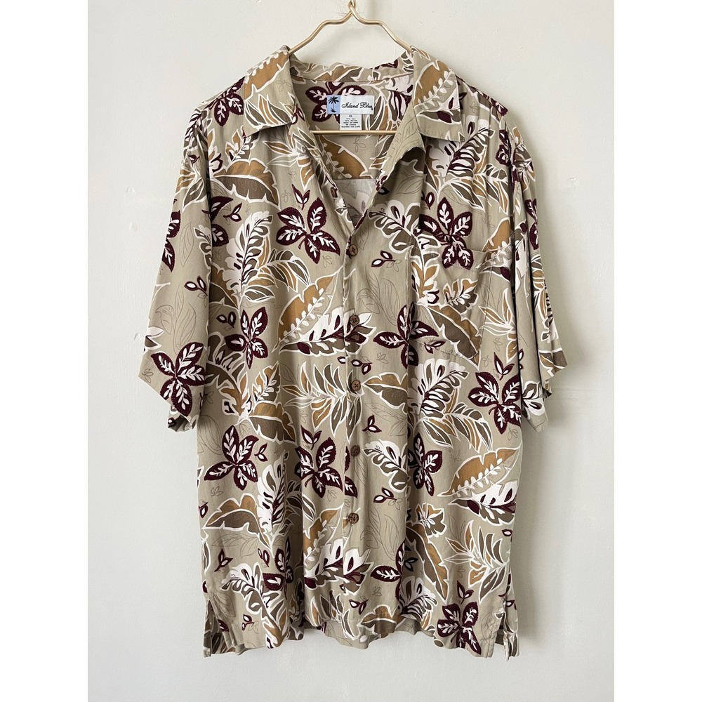 Island Blue Mens XL Silk Rayon Hawaiian Shirt Tropical Floral Tan Brown Burgundy